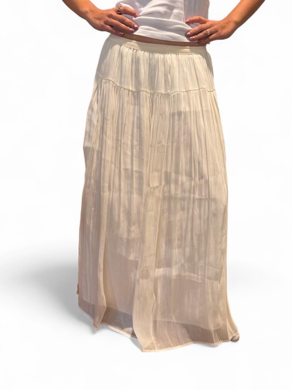 Cream Shimmer Lined Maxi Skirt with Gentle Pleats XS/S NWOT